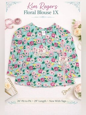 Kim Rogers Floral Blouse 1X Cotton Pastel Preppy Spring Top